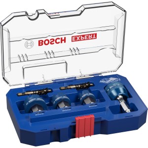 Bosch Expert Lochsägen-Set für Bleche, 6-teilig, mit verschiedenen Durchmessern in blauem Koffer.
