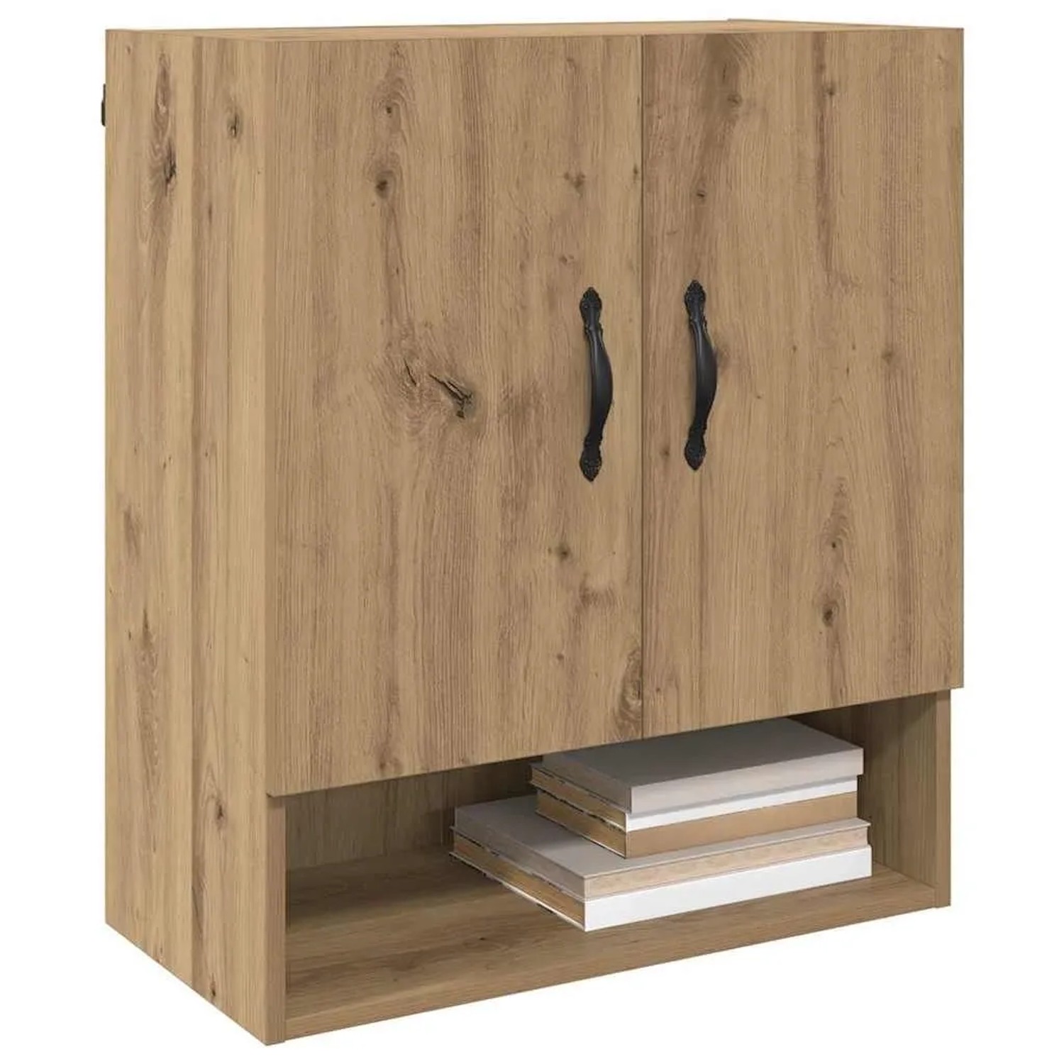 Wandschrank Artisan-Eiche aus Holzwerkstoff mit zwei Türen, schwarzen Griffen und offenem Fach. Bücher im Regal.