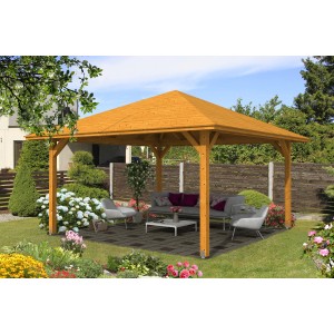 Holz-Pavillon Cannes 3, Eiche hell lasiert, 424x424 cm. Gartenlaube mit Sitzgruppe im Grünen.