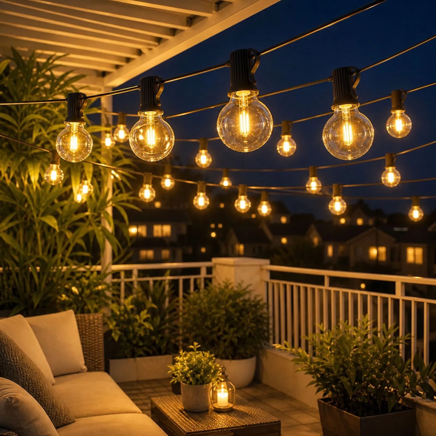 Salcar Solar G40 LED Lichterkette mit warmweißem Licht, dekoriert eine gemütliche Terrasse am Abend.