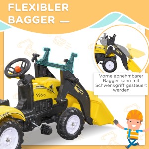 Gelber HOMCOM Trettraktor mit schwarzem Frontlader und Schaufel. Flexibler Bagger mit Lenkrad und Pedalen für Kinder.