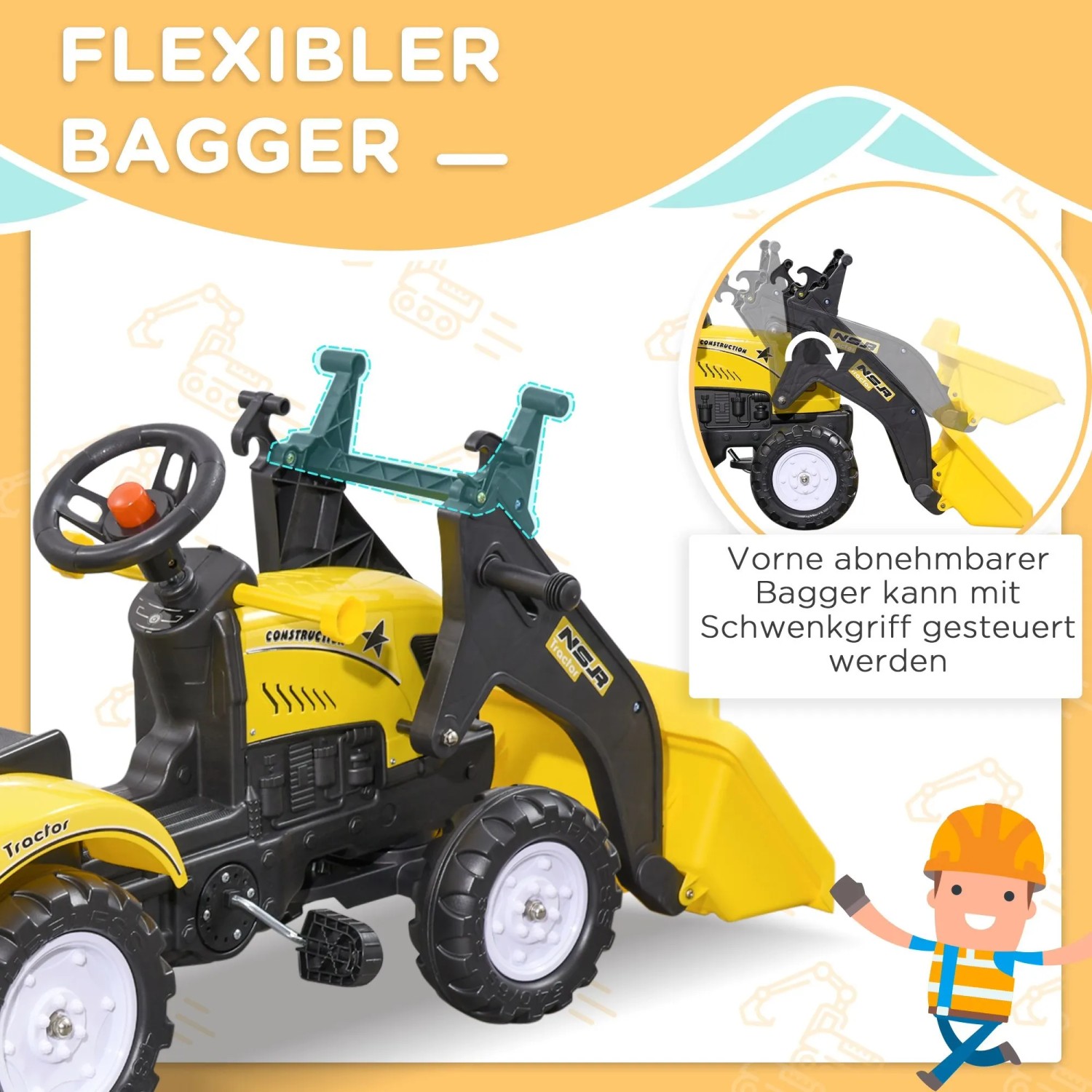Gelber HOMCOM Trettraktor mit schwarzem Frontlader und Schaufel. Flexibler Bagger mit Lenkrad und Pedalen für Kinder.