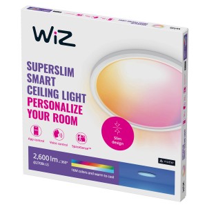 Verpackung der WiZ SuperSlim Deckenleuchte mit Farblicht, 2450lm, weiß. Smarte Leuchte für individuelles Licht.