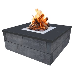 EHL CityPur Feuerstelle mit Tribus-Set, Muschelkalk-Optik, mit brennendem Holz. Gartengestaltung mit Mauersteinen.