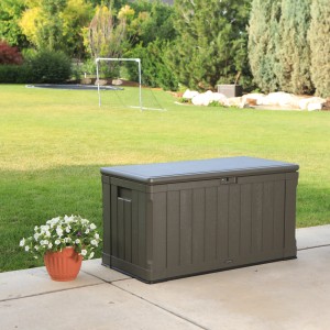 Dunkelbraune Lifetime Gartenbox (128x64x67 cm) zur Aufbewahrung im Garten.