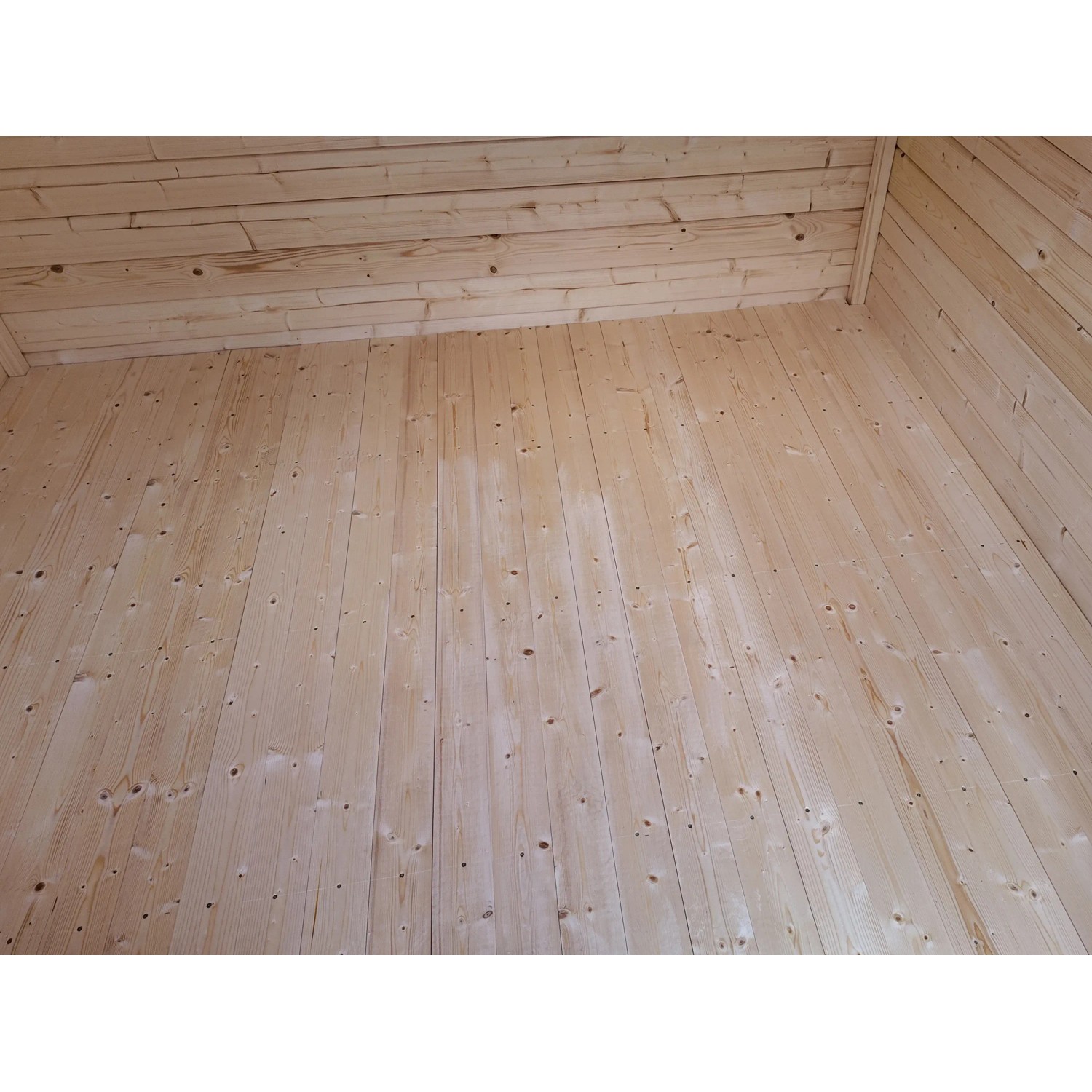 Innenansicht: Weka Holz-Gartenhaus Angolo B mit naturbelassenem Holzboden und Decke.