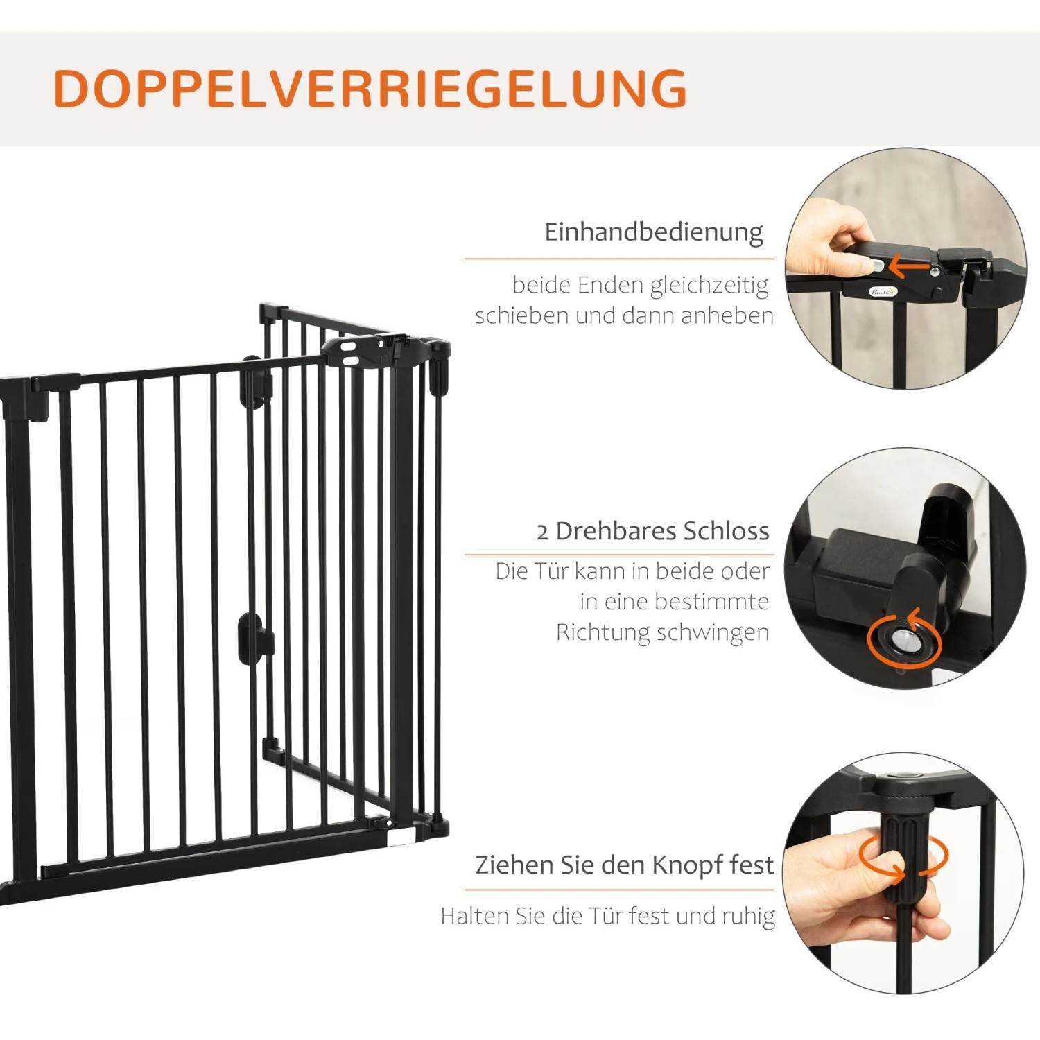 Schwarzes PawHut Hunde Absperrgitter mit automatischer Tür und Doppelverriegelung. Nahaufnahmen der Schlossfunktionen.