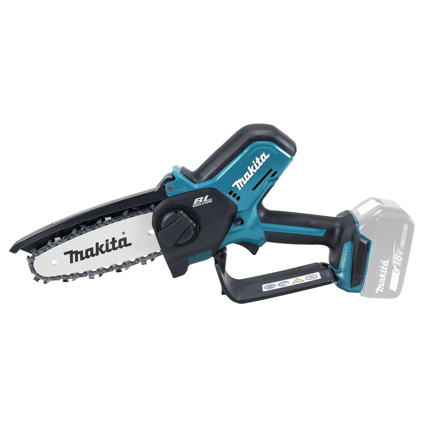 Makita Akku-Astsäge, kompakte Akku-Kettensäge für Gartenarbeiten und Baumschnitt.