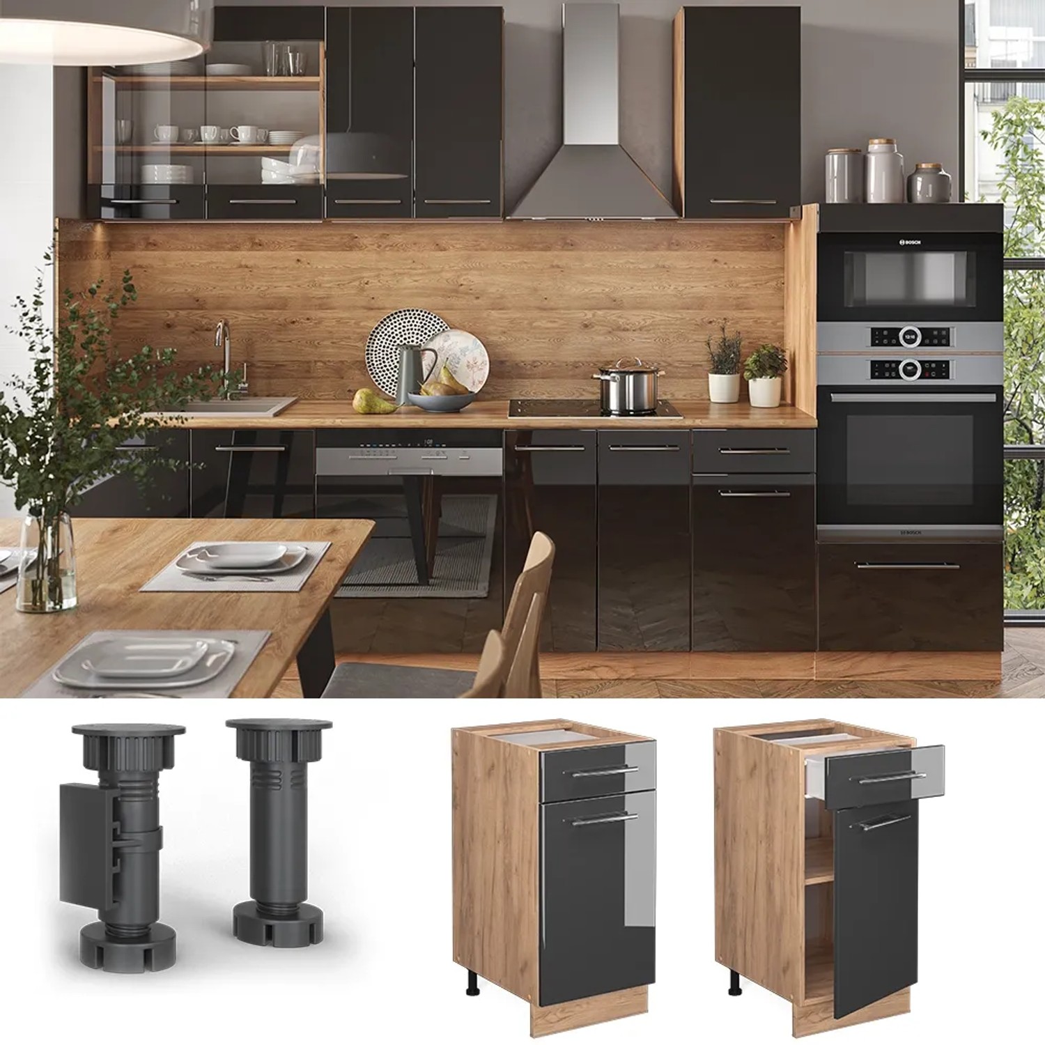 Vicco Küchenunterschrank Fame-Line, anthrazit hochglanz/Eiche, 40 cm, ohne Arbeitsplatte.