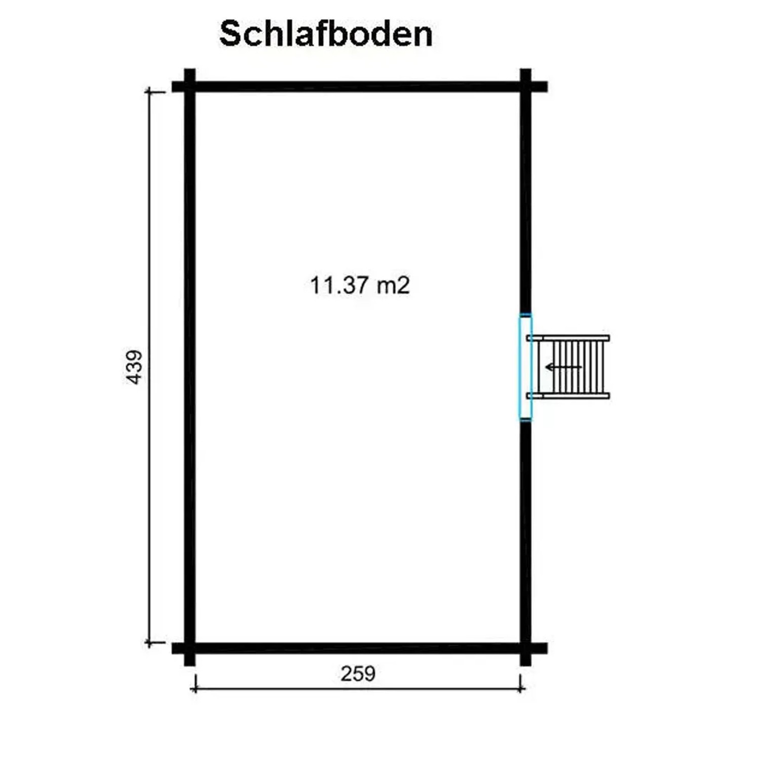 Grundriss Schlafebene Gartenhaus Alpholz Lillehammer, 259x439 cm, mit Maßangaben.