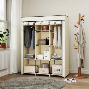 Cremeweißer HOMCOM Stoffschrank mit Stahlrahmen, Vliesstoffbezug, Kleiderstangen und Regalfächern.