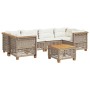 Beige 7-tlg. Garten-Sofagarnitur aus Rattan mit Kissen und Holztisch für Terrasse & Garten.
