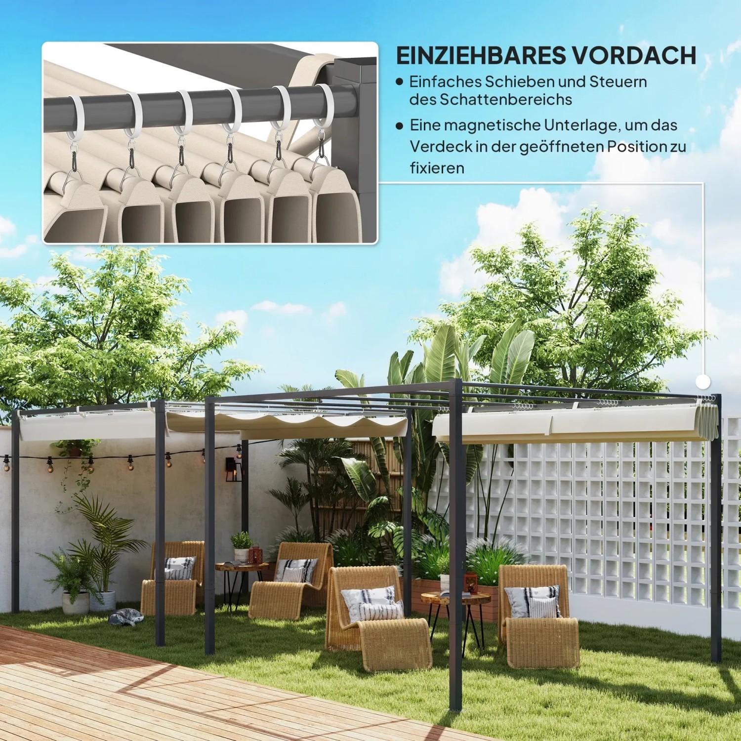 Beige Outsunny Pergola mit einziehbarem Vordach im Garten.