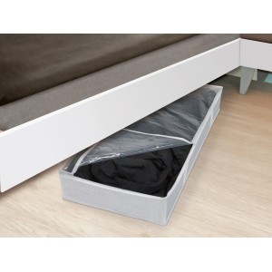 Unterbettkommode zur Textilaufbewahrung unter einem Bett mit Sichtfenster.