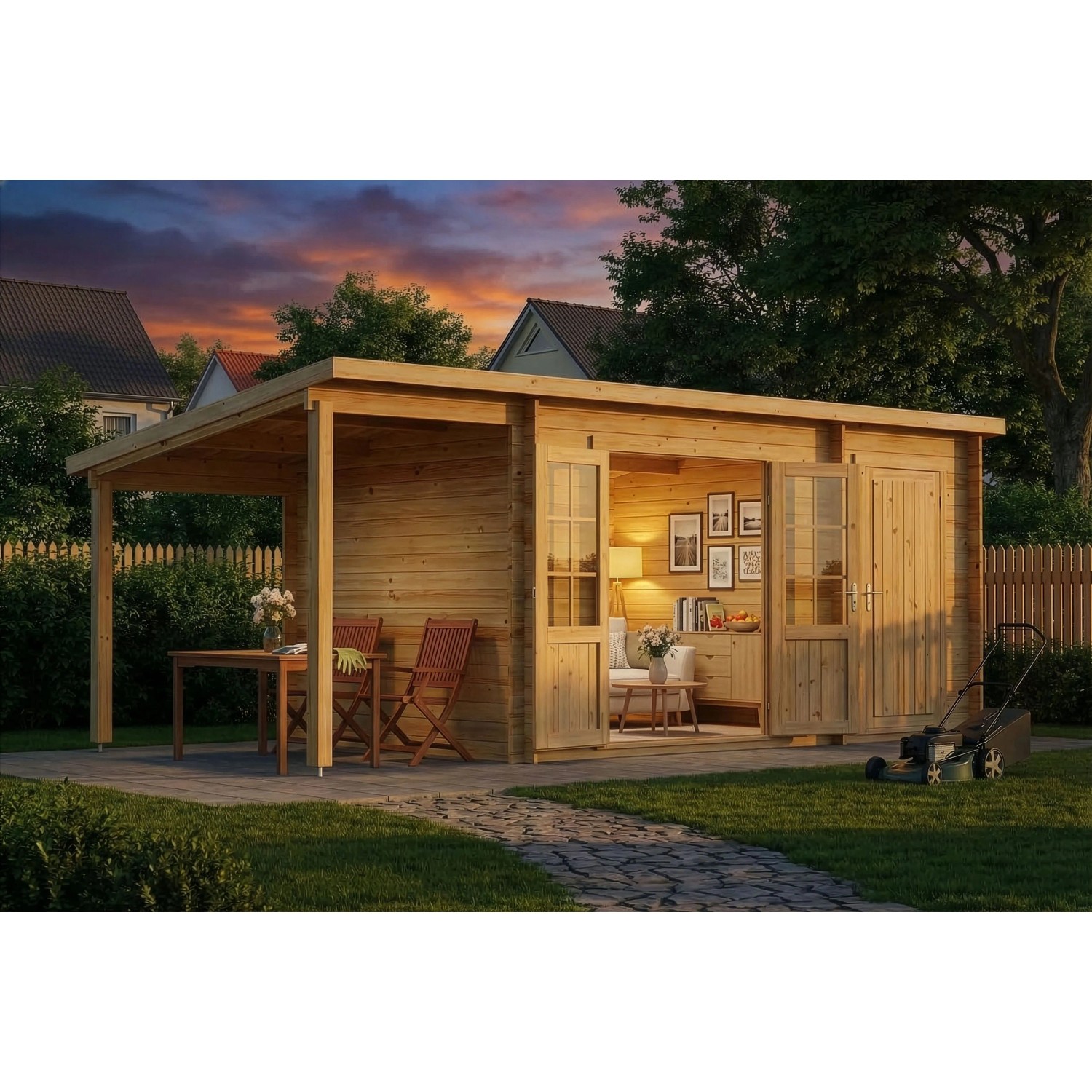 Alpholz Gartenhaus Maria mit Schleppdach, 450x250 cm, naturbelassen. Holzhaus mit Doppeltür und überdachtem Bereich.
