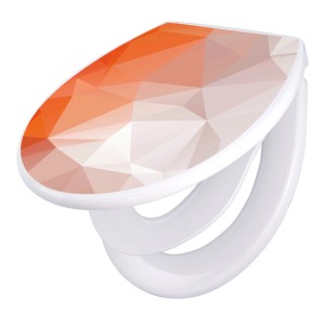 Banjado Familien WC-Sitz mit Absenkautomatik, orangefarbenes Polygon-Motiv.
