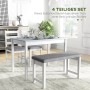 HOMCOM Essgruppe, 4-teilig: Tisch grau-weiß, Bank und 2 Stühle. Kiefernholz, Polyester, Schaumstoff.
