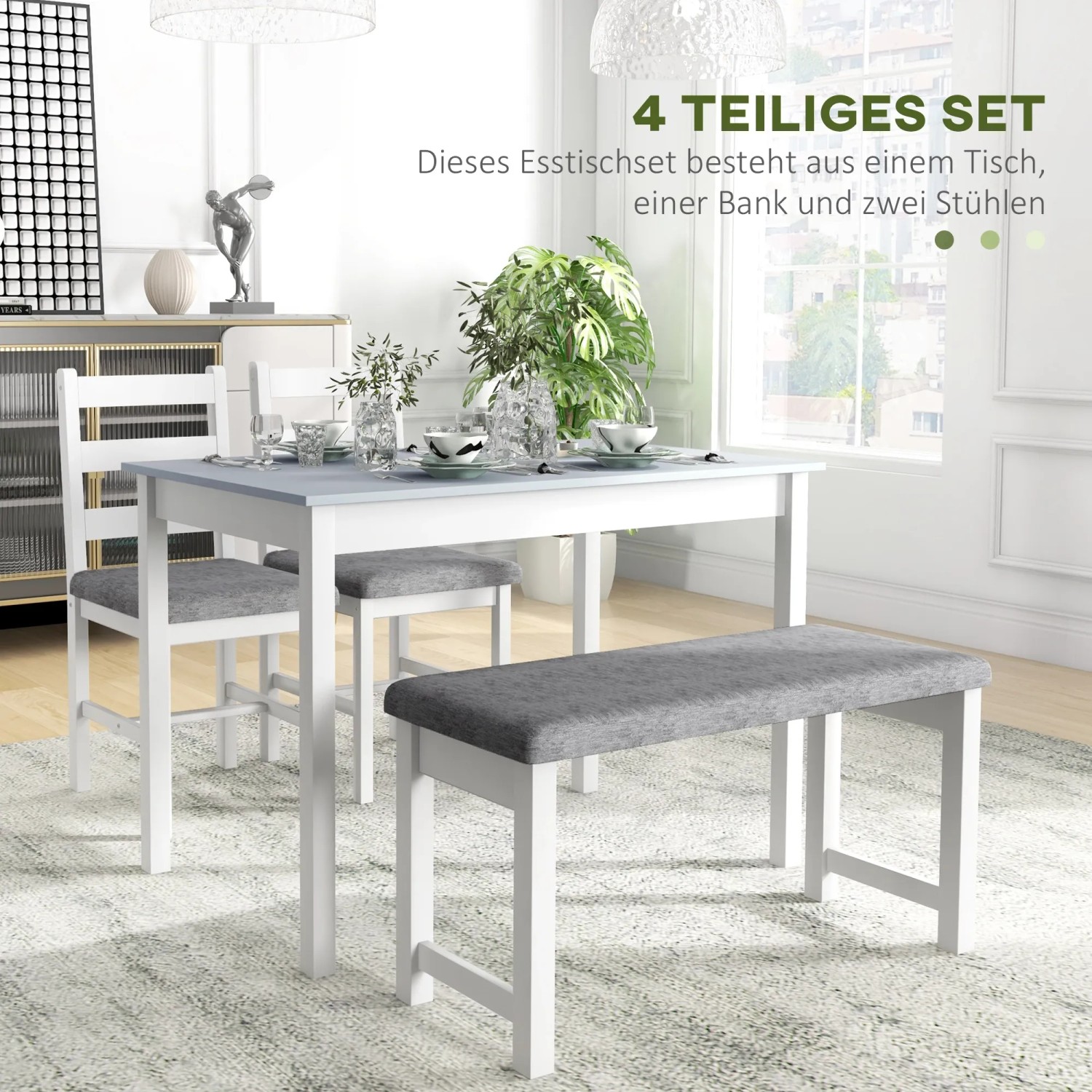 HOMCOM Essgruppe, 4-teilig: Tisch grau-weiß, Bank und 2 Stühle. Kiefernholz, Polyester, Schaumstoff.