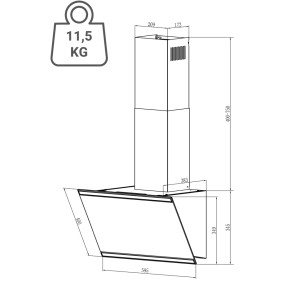 Technische Zeichnung der Respekta Dunstabzugshaube Skala 60 cm. Zeigt Maße und 11,5 kg Gewicht der weißen Kopffreihaube.
