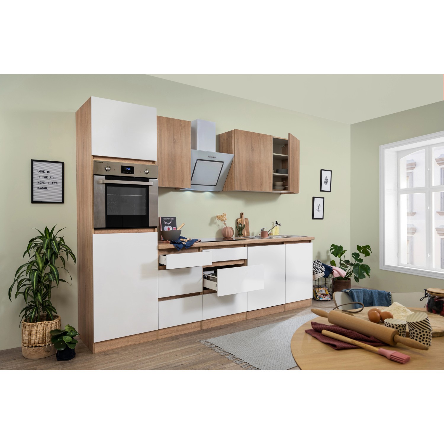 Respekta Premium Küchenzeile/Küchenblock GLRP280HESWOES Grifflos 280 cm Weiß Eiche Säger. NB