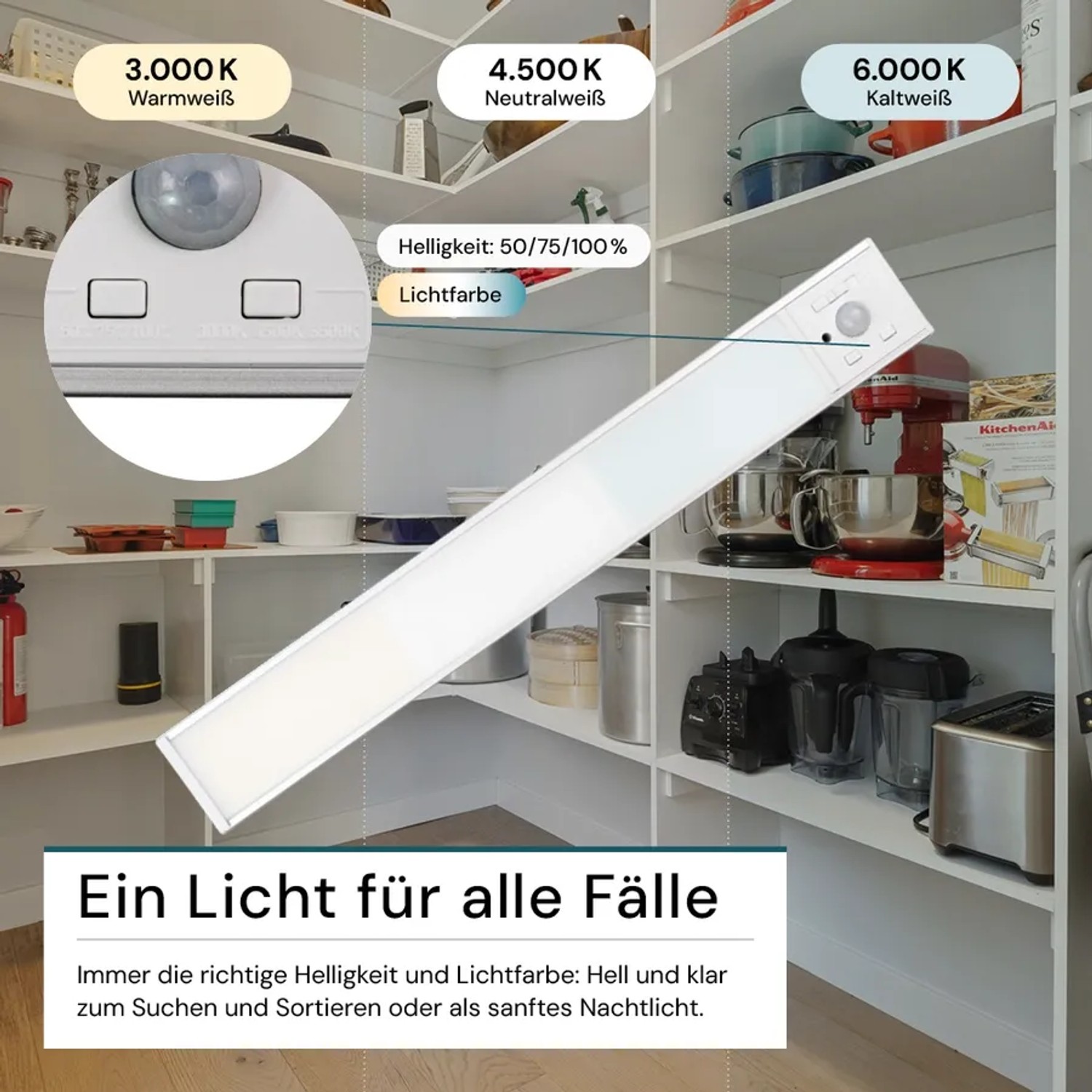 LUXULA LED Unterbauleuchte Akku, dimmbar, mit Bewegungsmelder, silber, 30cm. Für Schrank und Küche.