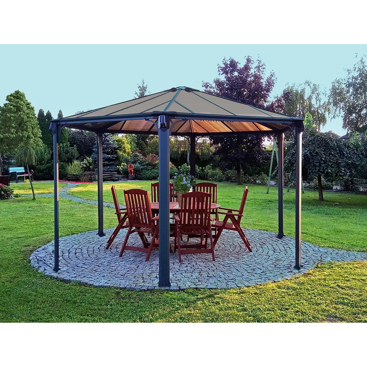 Palram Canopia Monaco Pavillon, 4,5x3,9 m, Anthrazit, mit LED-Set. Gartenpavillon mit Tisch und Stühlen.