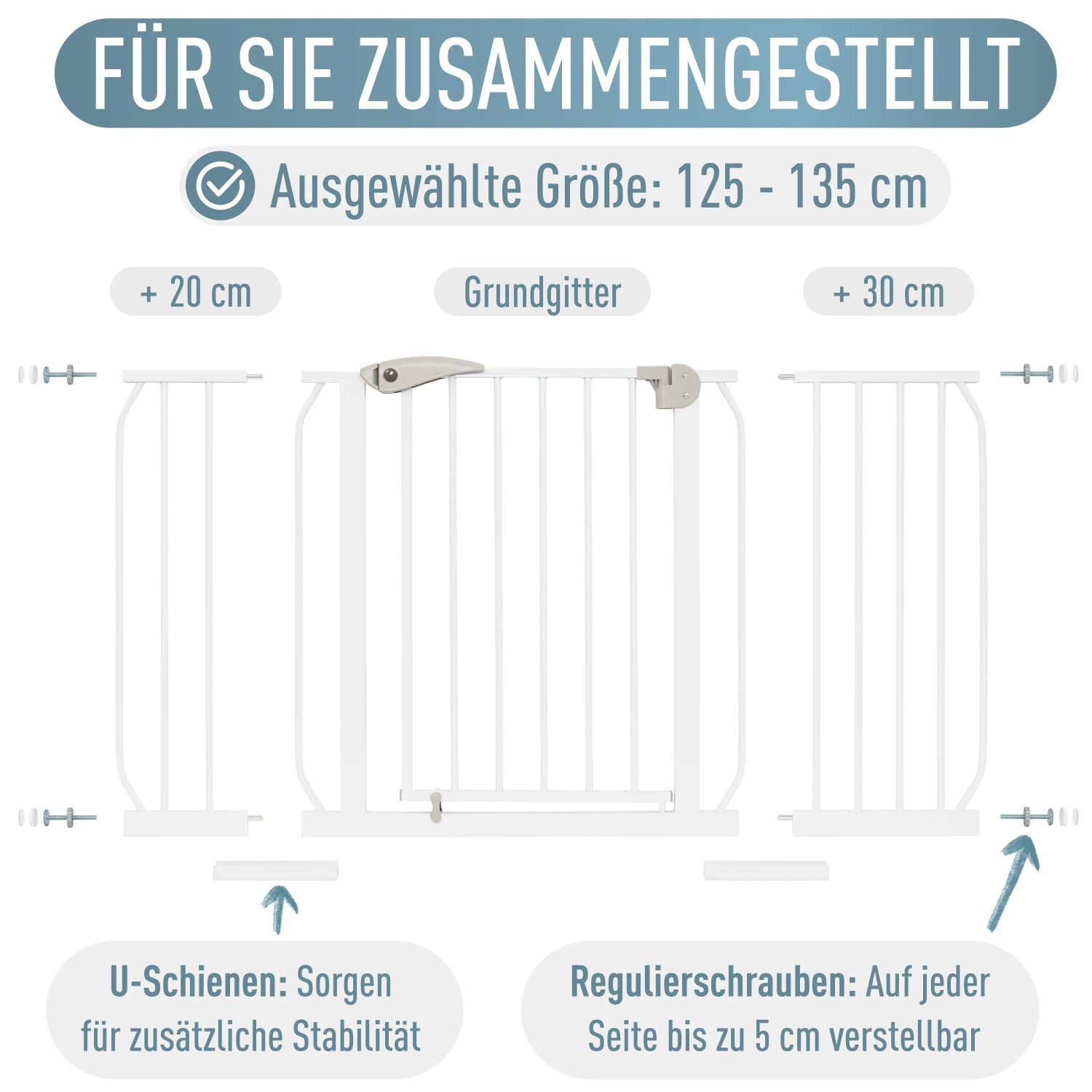 ib style Türschutzgitter Berrin 58-185cm Treppenschutzgitter für Kinder und Haustiere Ohne Bohren Weiß 125-135 cm_9