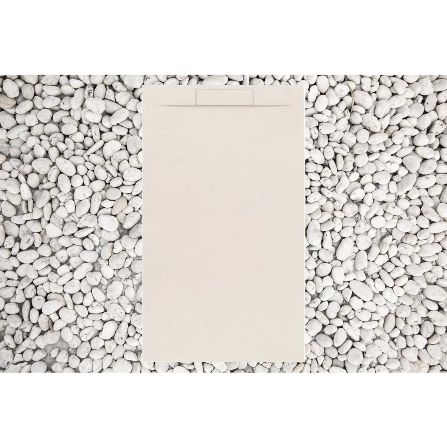 Beige Frascio Duschwanne 170x70 cm aus Kunstmarmor mit Steinoptik und Ablaufgitter.