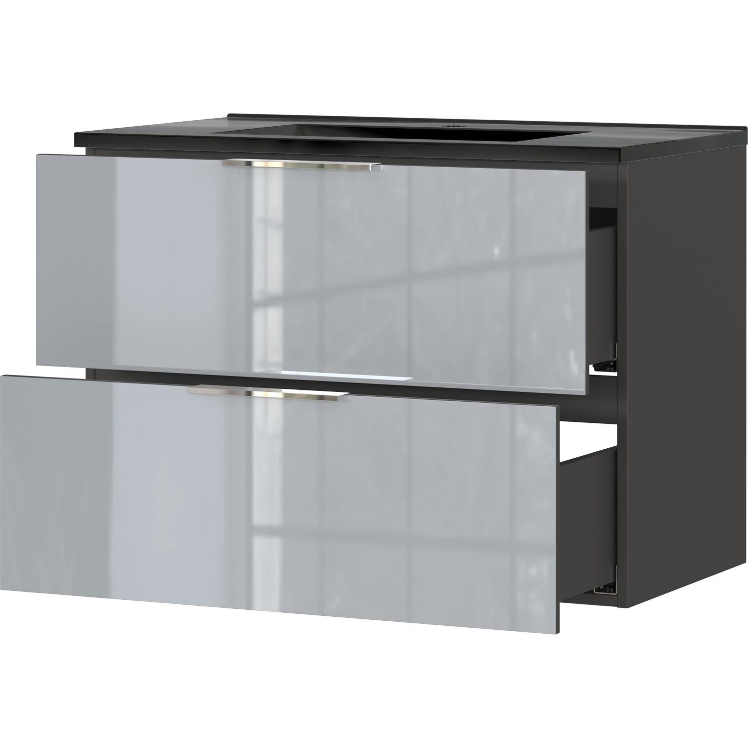 Germania WT-Unterschrank Vasio Graphit-Silbergrau mit schwarzem Waschbecken.