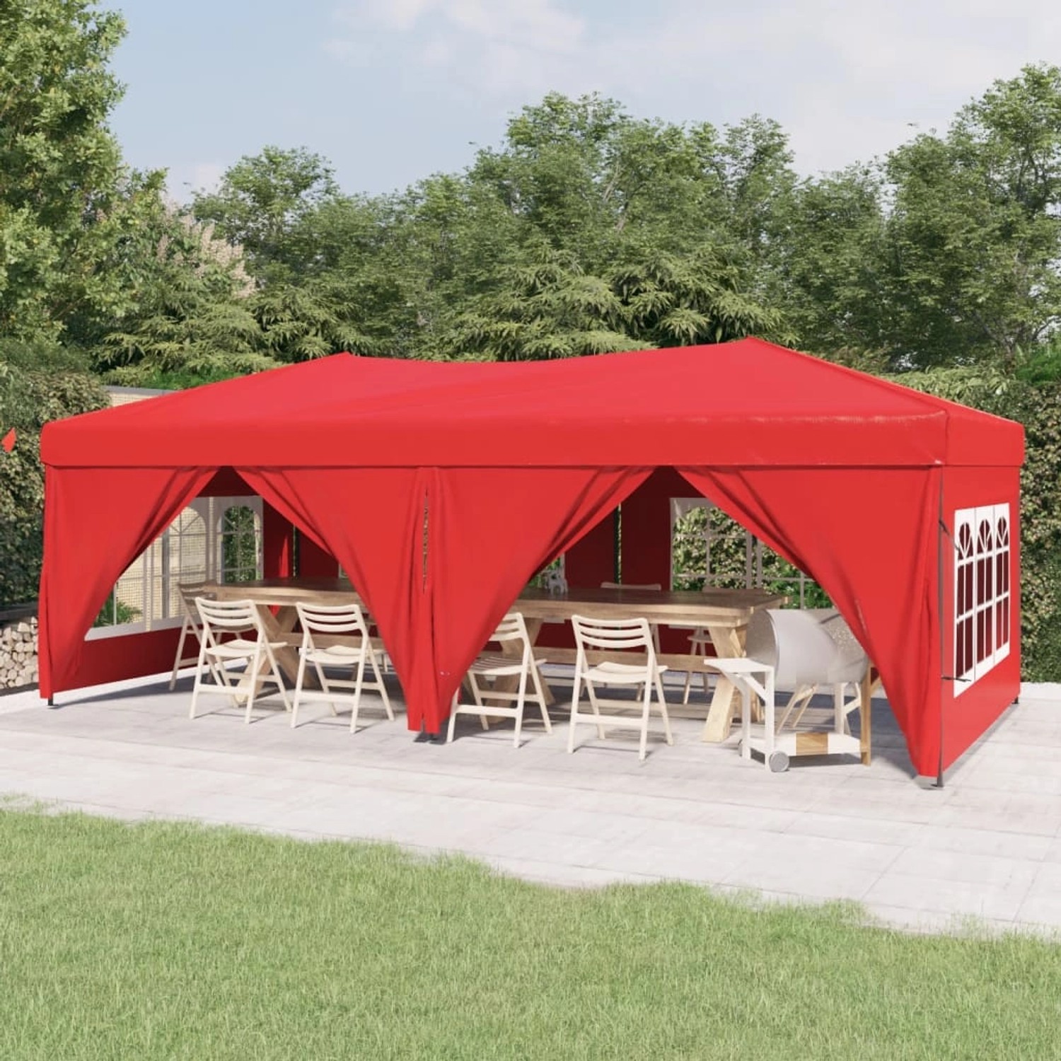Rotes, faltbares Partyzelt 3x6 m mit Seitenwänden und Fenster für Gartenpartys.