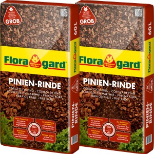 Zwei Säcke Floragard Pinienrinde Grob 25-40 mm, je 60 l, zur Bodenabdeckung und Dekoration.