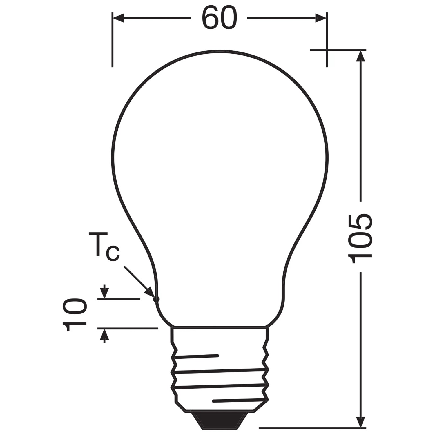 Technische Zeichnung: Osram LED Lampe E27, A60 Glühlampenform, Maße 10,5 cm x Ø 6 cm.