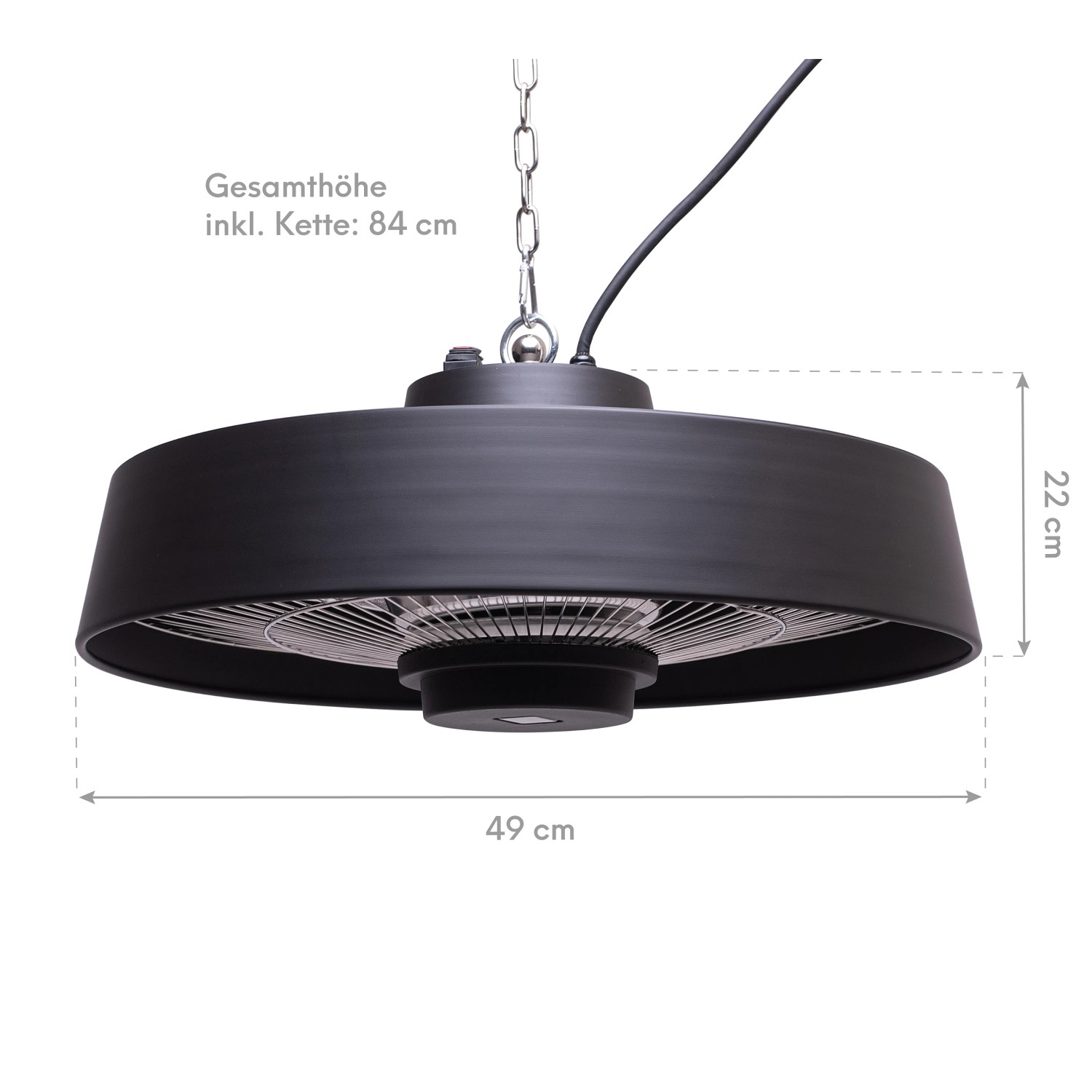 Schwarzer Westmann Infrarot-Deckenstrahler Fusion, 49x49x22cm, mit Kette zur Deckenmontage.