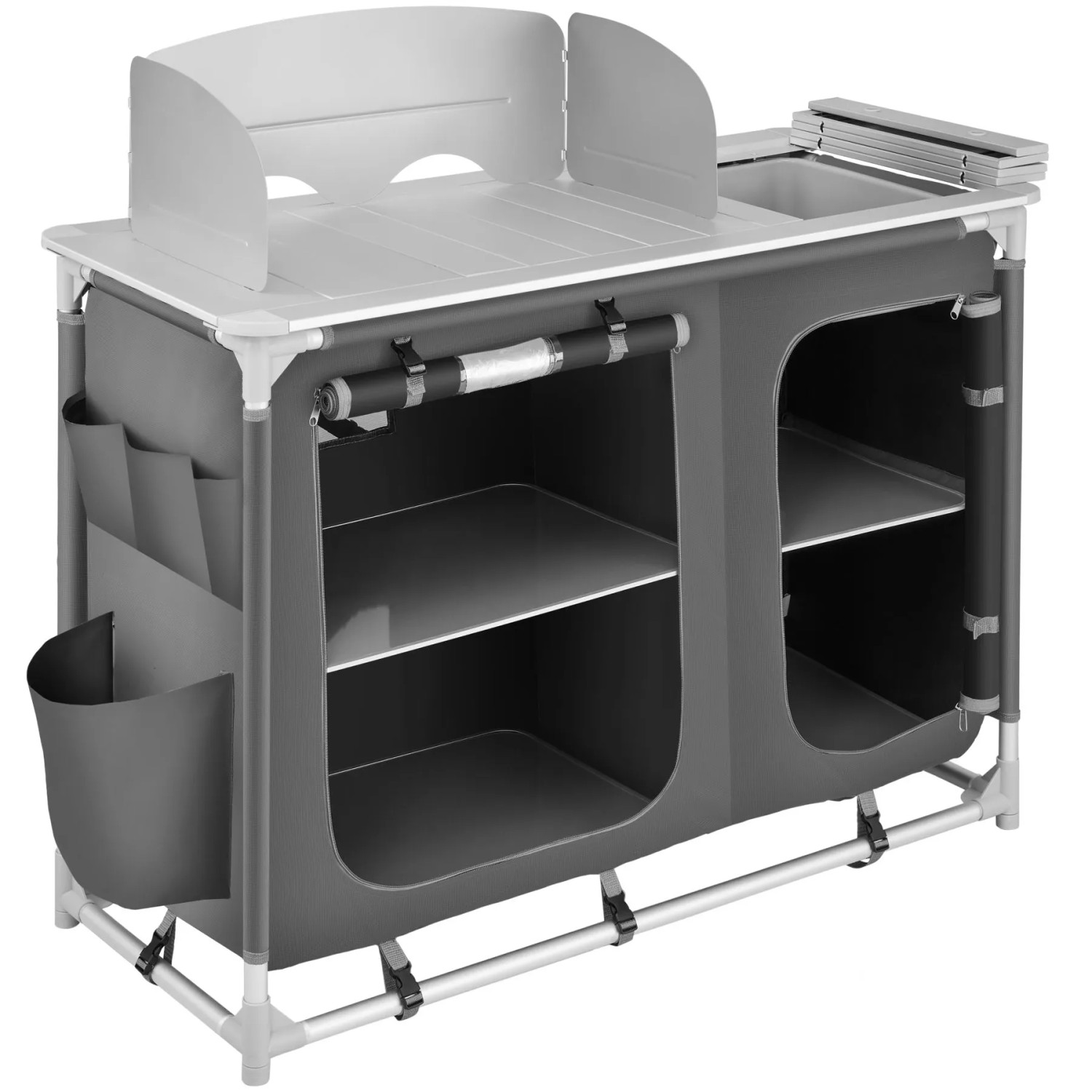 Tectake Campingküche Luxus Mit Aluminiumgestell und 4 Fächern Faltbar Wetterfest 116 x 52 x 107 cm Grau