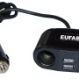 Schwarze Doppelsteckdose 12V mit Kabel, USB-Anschlüssen für Autoelektrik.