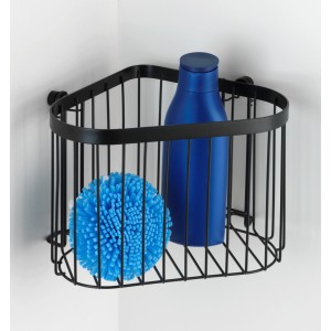 Schwarze Wenko Eckablage Classic Plus aus Stahl mit Duschgel und Badeschwamm.