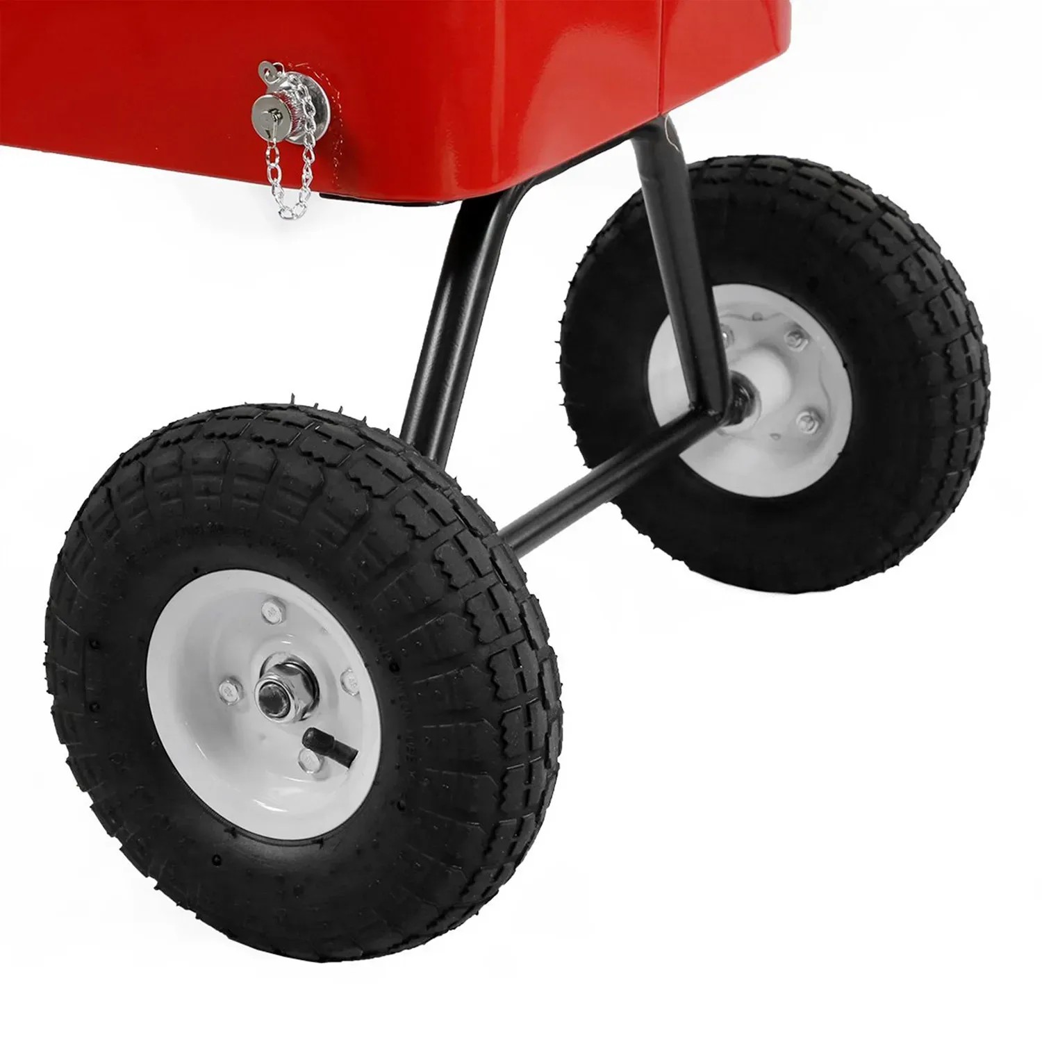 Detailansicht: Räder des roten Axi Bollerwagen mit Kühlbox (76 l).