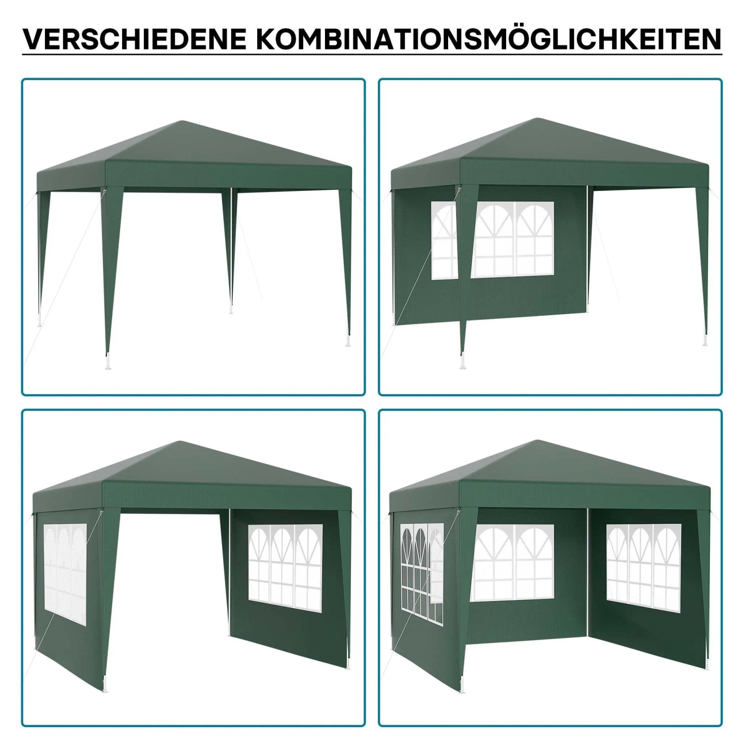 Grüner Wiltec Pavillon 3x3m mit abnehmbaren Seiten und Fenstern, zeigt verschiedene Aufbauvarianten als Gartenpavillon oder Partyzelt.