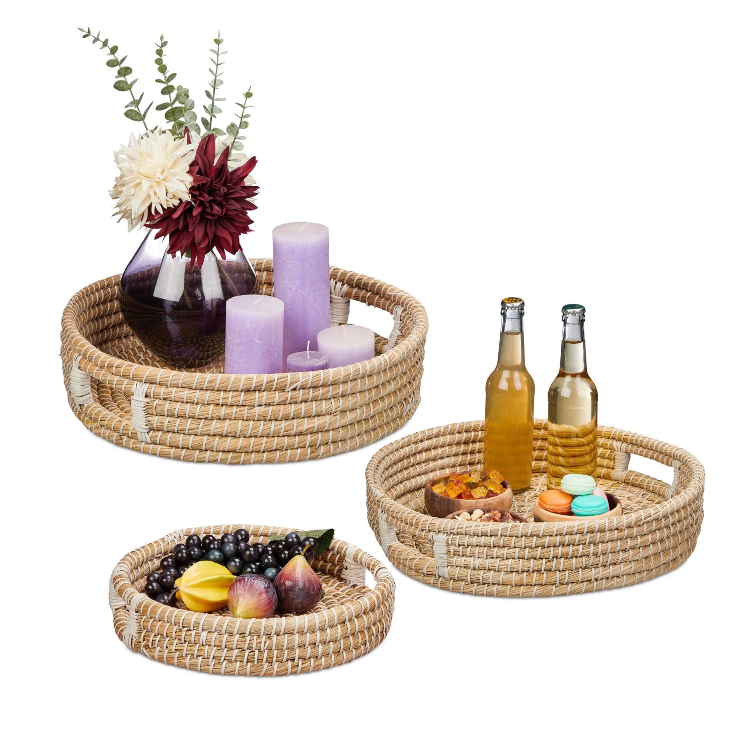 Relaxdays Serviertablett 3er Set Rund Seegras Natur Griffe 11 cm x 43 cm 1,9 kg