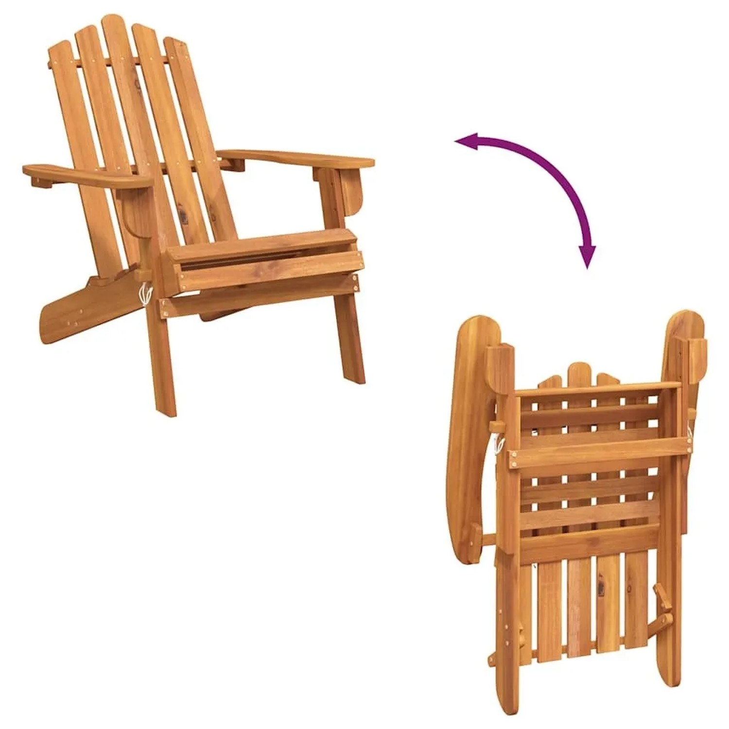 Akazienholz Adirondack-Gartenstuhl, aufgeklappt und zusammengeklappt. Klappbarer Massivholz-Sessel für Garten.