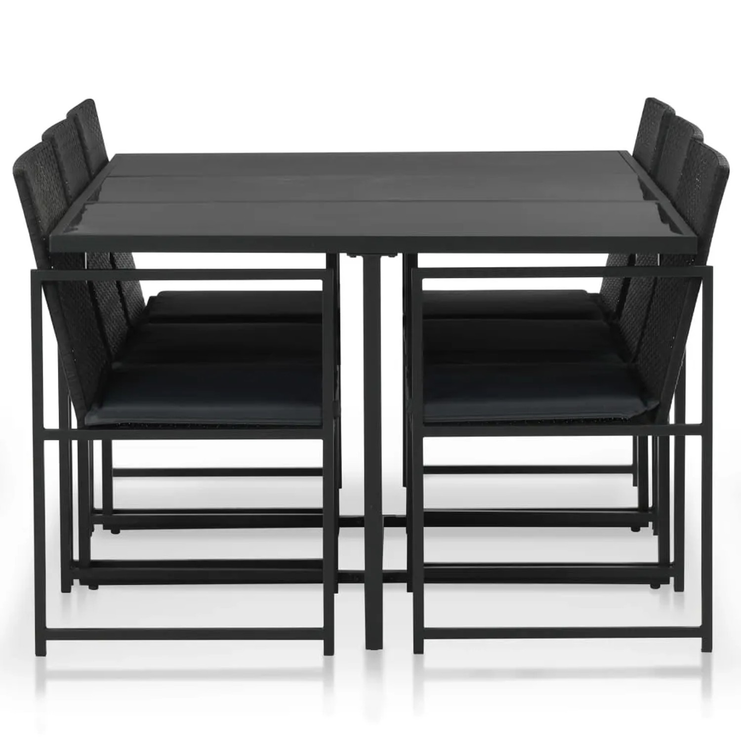 vidaXL 7-tlg. Garten-Essgruppe aus Rattan, schwarz, mit Tisch, 6 Stühlen und Auflagen.