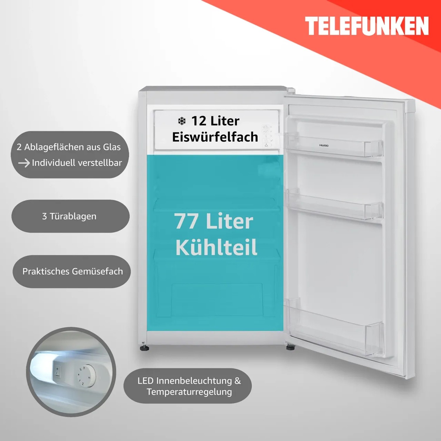 Offener, weißer Telefunken Kühlschrank mit 89L Nutzinhalt, Glasablagen, Gemüsefach und Eiswürfelfach.
