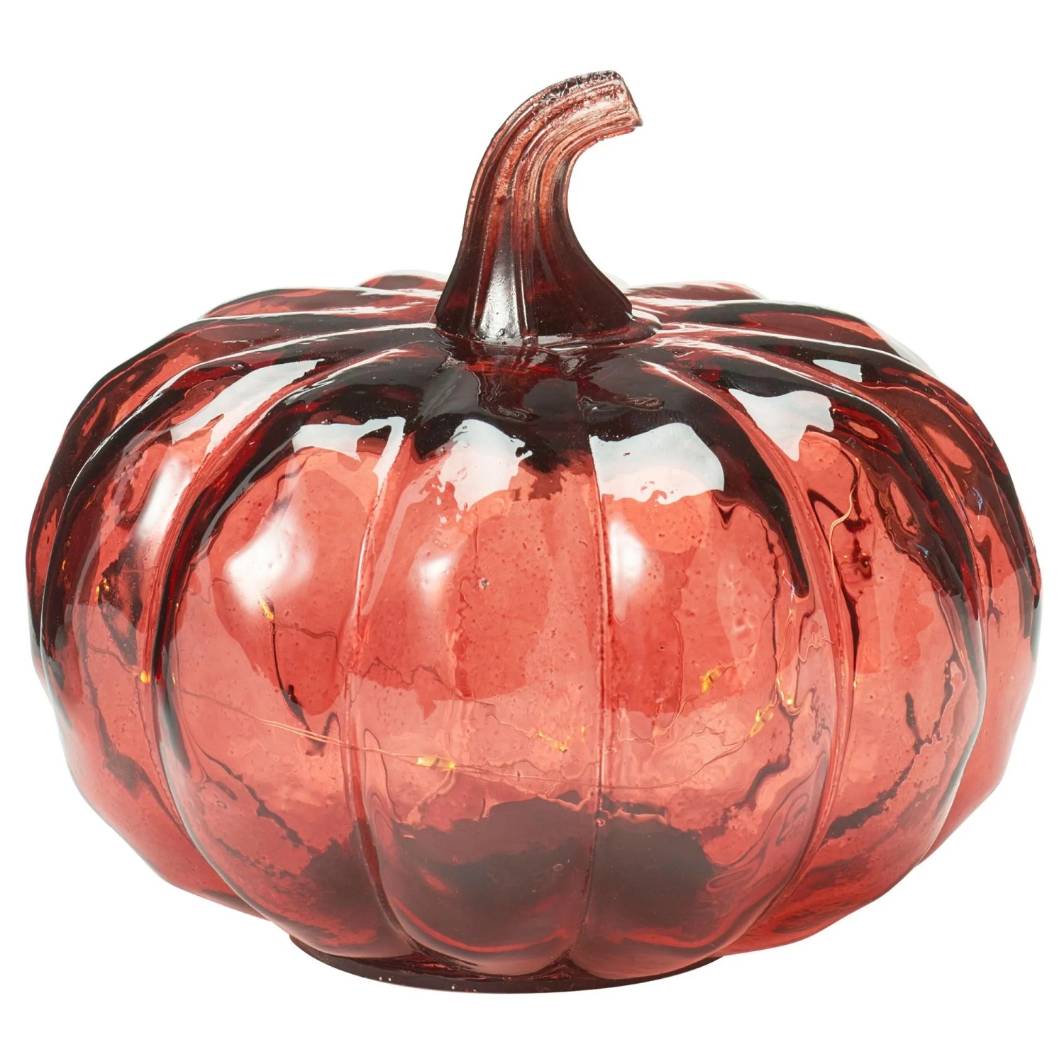 Rote Kürbis Glaslampe mit LED-Beleuchtung, 15 cm, dekorative Figur für Herbst & Halloween.