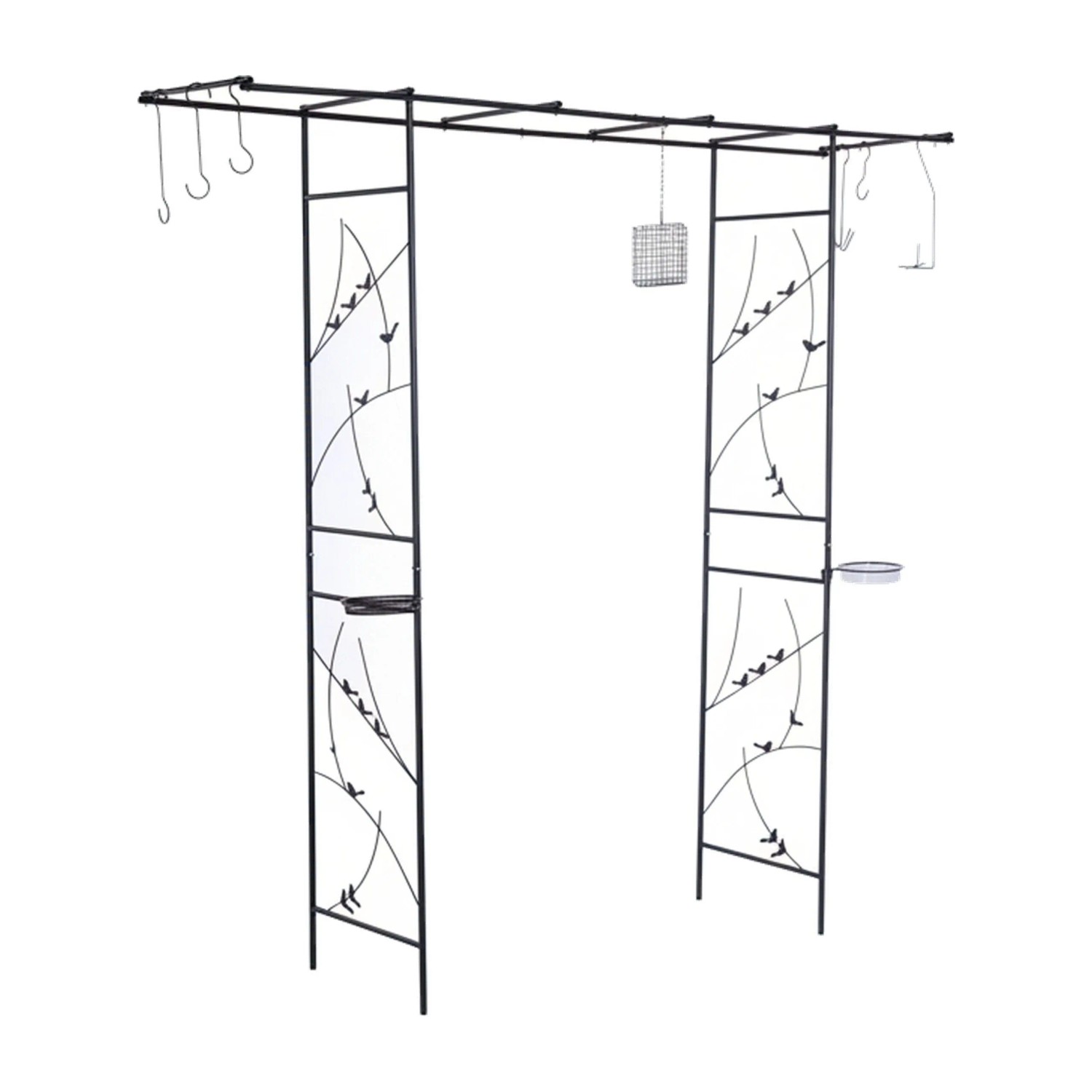 Relaxdays Rosenbogen Stahl Kunststoff Schwarz Wetterfest mit Vogelbad und Futterstation 208 cm x 210 cm x 50 cm