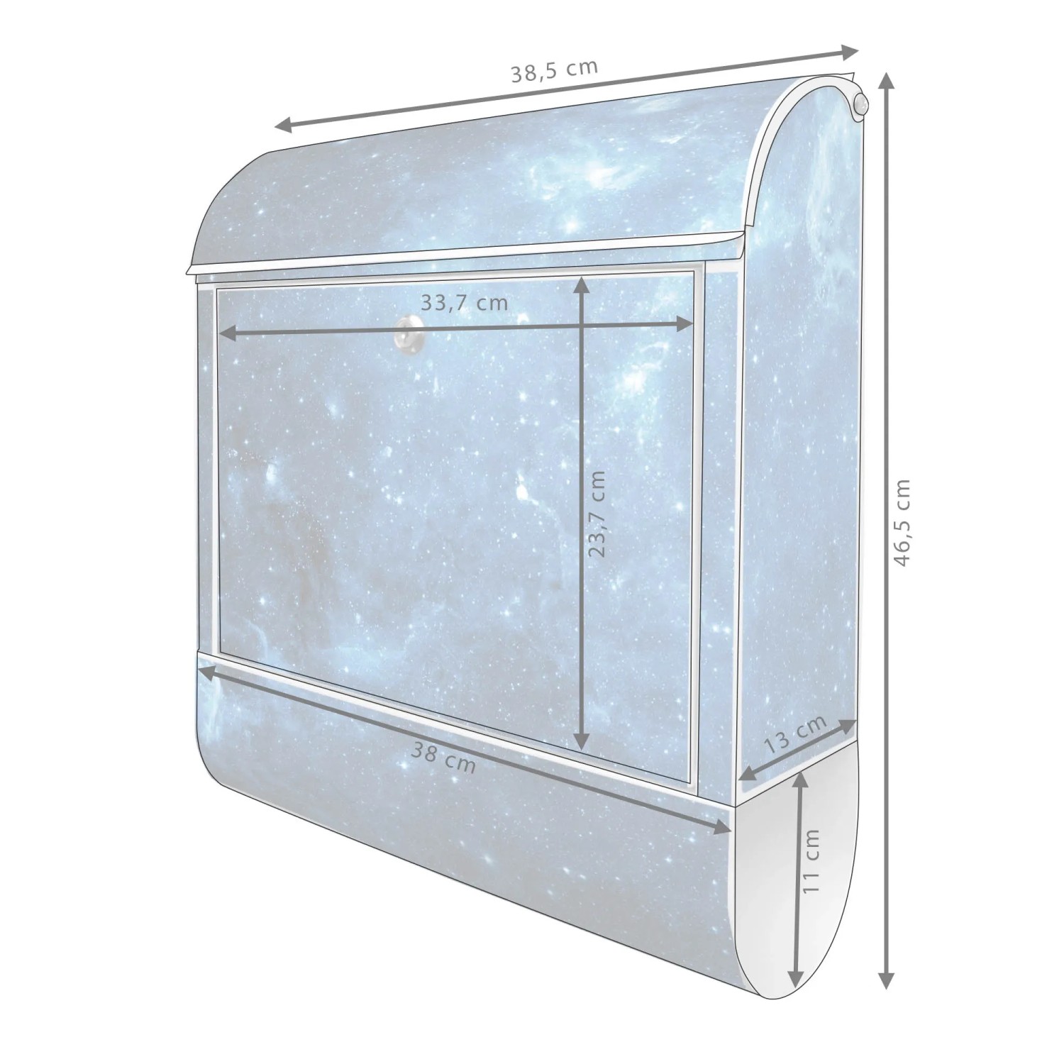 Weißer Design Briefkasten mit Universum Motiv und Zeitungsfach, pulverbeschichtet.