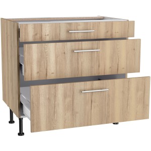 Optifit Unterschrank Erik290, 90 cm, Wildeiche Dekor mit 3 Auszügen und Edelstahlgriffen.