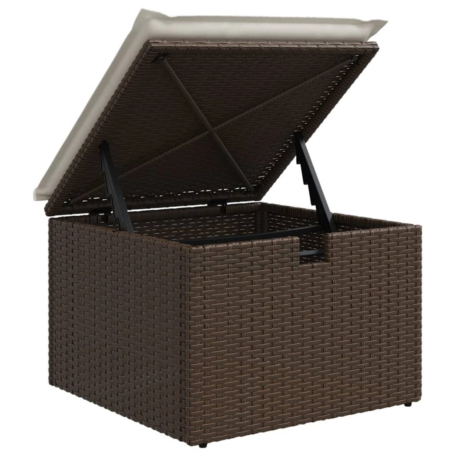Brauner Poly Rattan Gartenmöbel Fußhocker mit Stauraum und geöffnetem Kissen-Deckel.