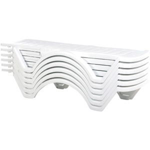Vier weiße Kunststoff Sonnenliegen, stapelbar, für Garten und Strand. DELUKE 4er Set.