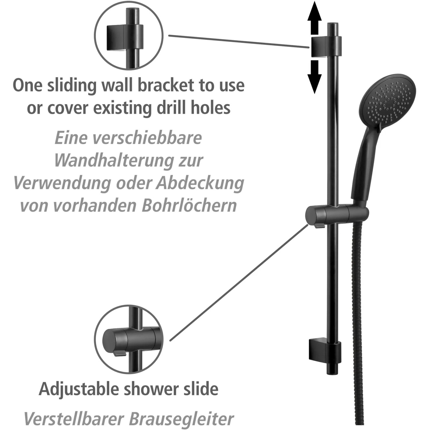 Wenko Brauseset Young Schwarz: Duschstange mit Handbrause und verschiebbarem Wandhalter.