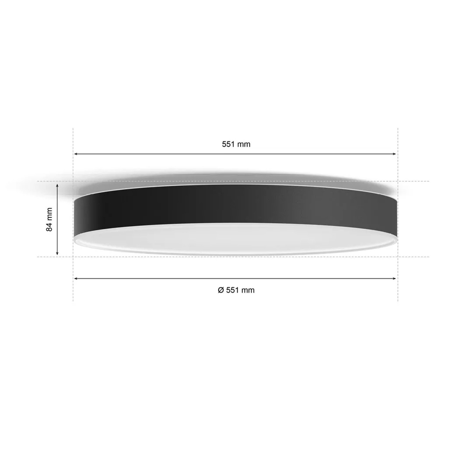 Philips Hue Enrave XL Deckenleuchte, schwarz, mit Maßangaben (551 mm Durchmesser, 84 mm Höhe).
